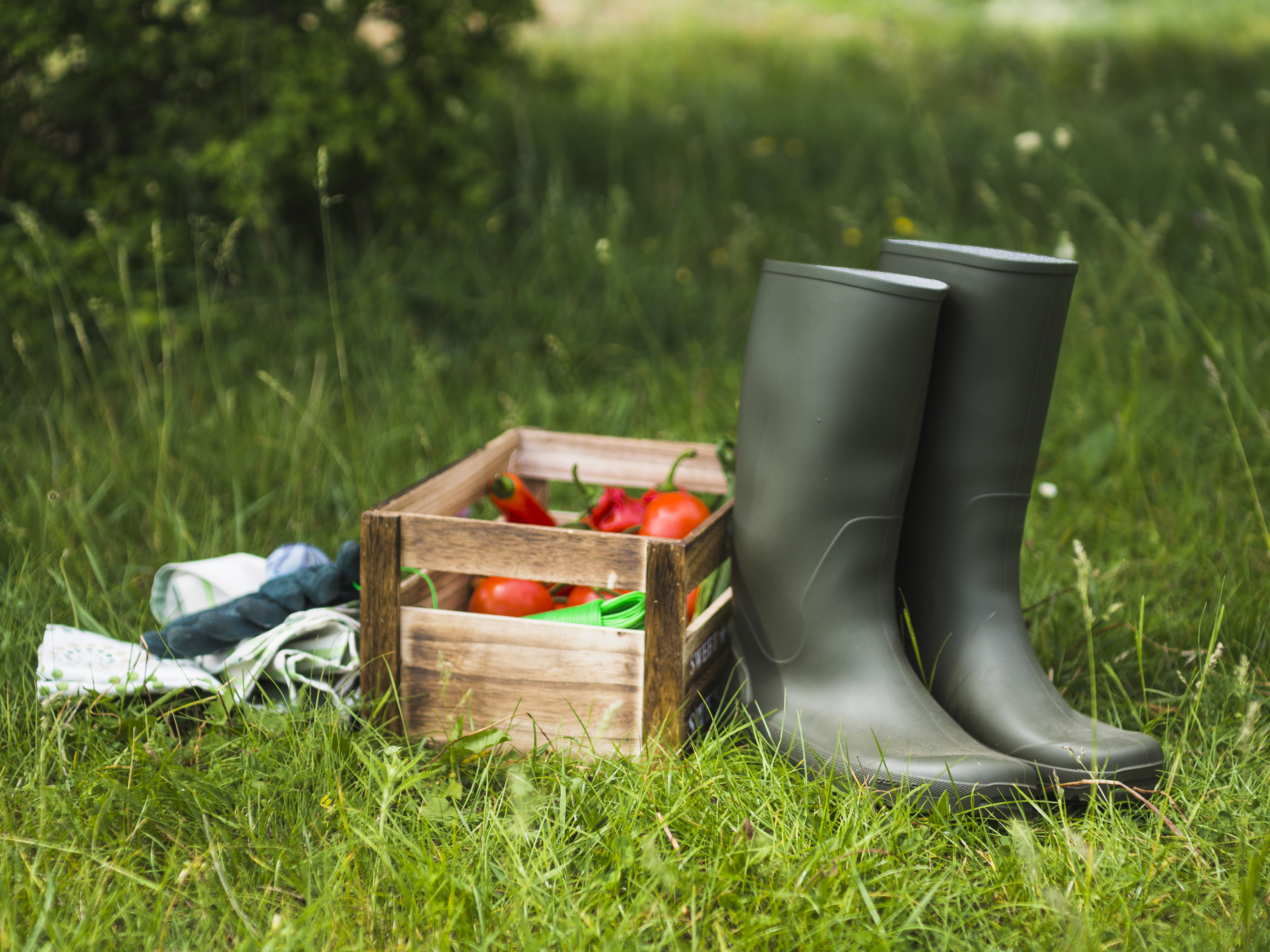 Gummistiefel nahe einer Gemüsekiste.